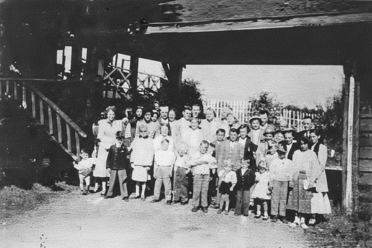 Historic 1954 group photograph of the Brighouse Trinity Lutheran Church congregation gathered outside the Brighouse Racetrack Clubhouse, where the inaugural worship services were held.