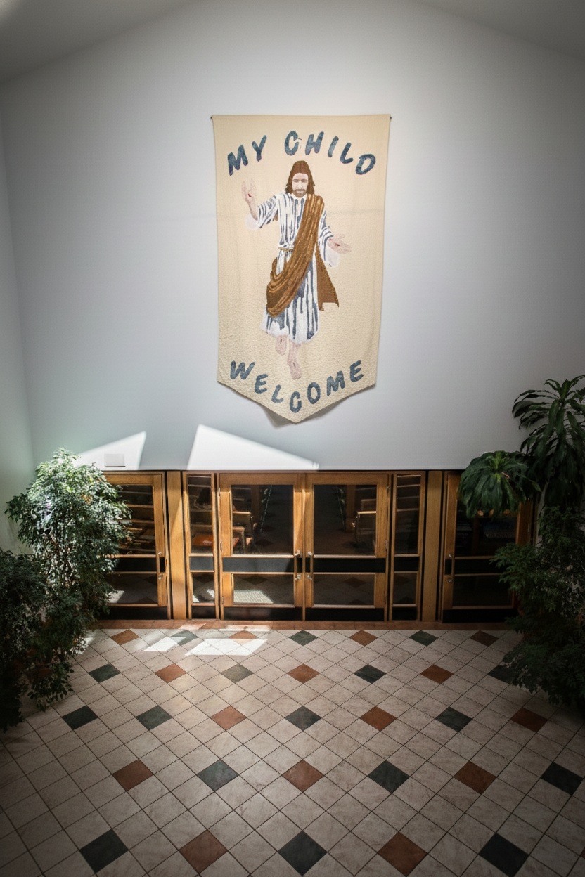 A photograph by Tharaka Mapalagama, taken from the second-story organ loft of Trinity Lutheran Church in Richmond, BC, looking north into the renovated sanctuary. The image features the church's iconic floor-to-ceiling stained glass window behind the altar, with the pulpit and lectern in the chancel. Also visible are the baptismal font, piano, pews, acoustic battens, and church banners, highlighted by two rows of hexagonal pendant lights installed against the original A-frame wood-paneled ceiling during the 2003 renovations.