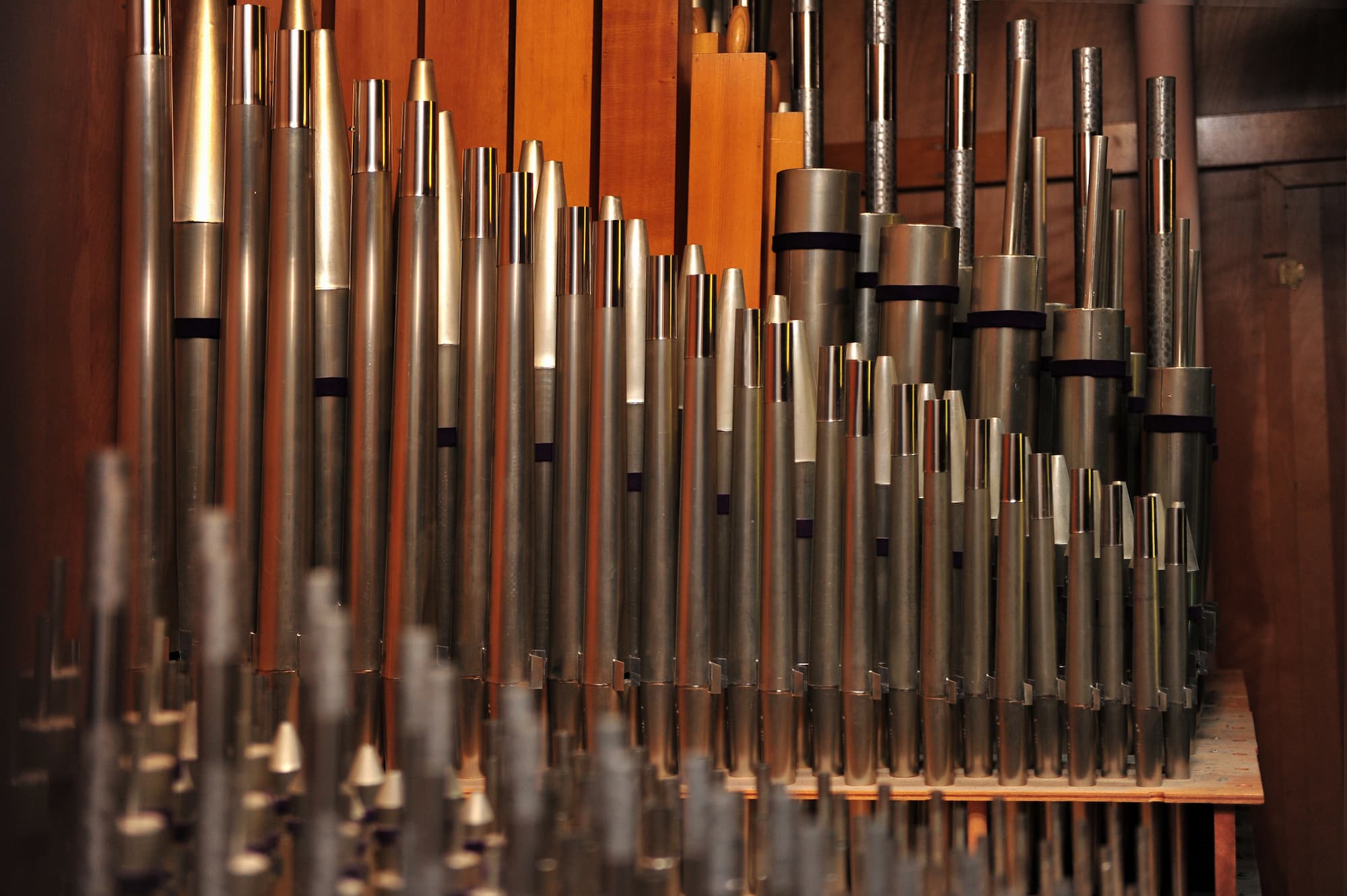 Close-up architectural view of the pipes belonging to the Wicks pipe organ.